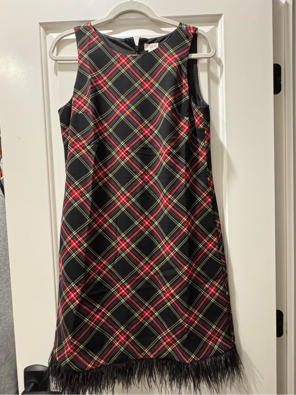 NWT J crew factory tartan dress with feather trim